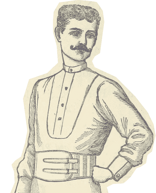 a cutout illustration of a man wearing a large belt and sporting a bushy mustache